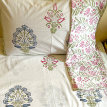 Load image into Gallery viewer, HAND BLOCK PRINT COTTON BEDSHEET SET - BLUE PINK FLORAL
