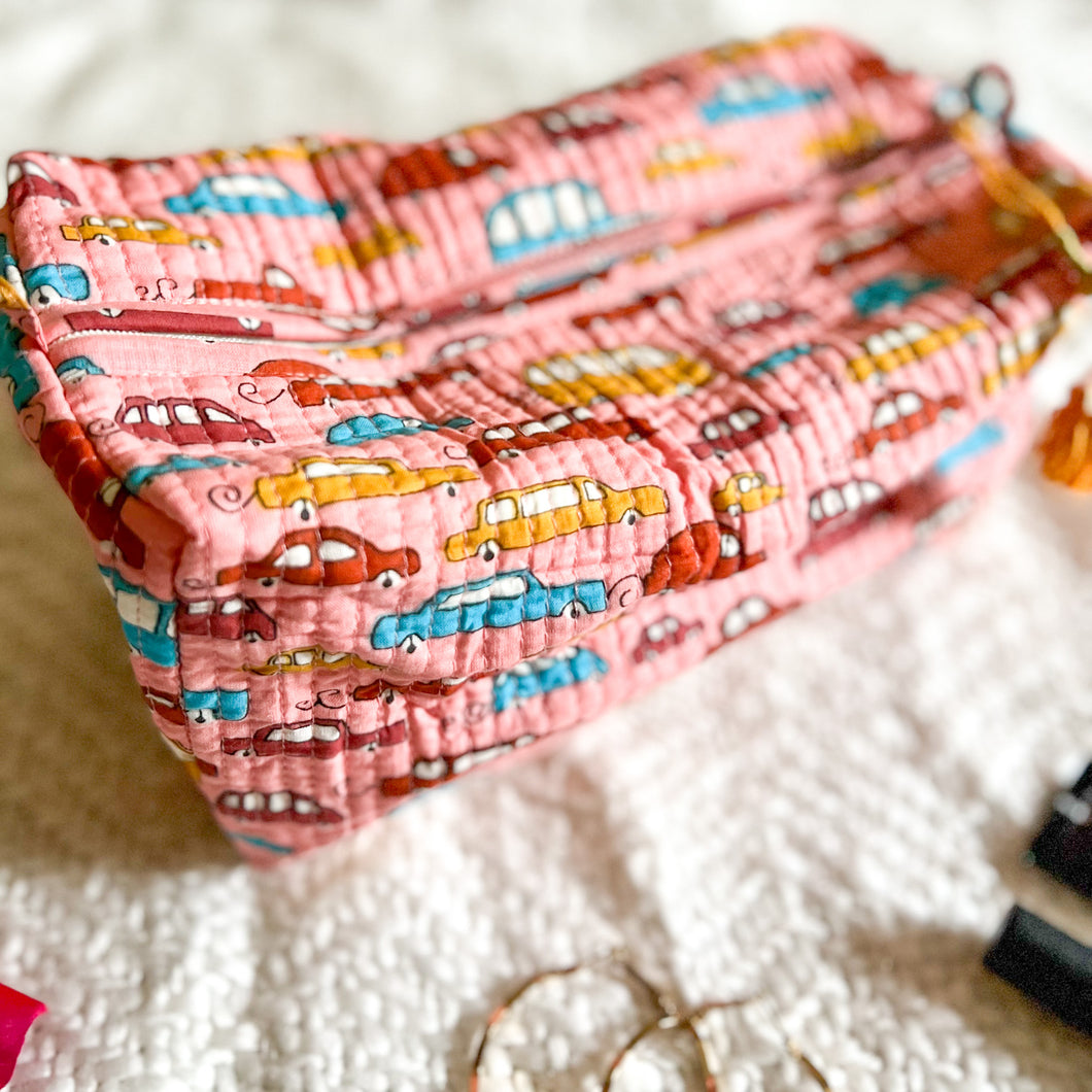 QUIRKY BOHO POUCH - PEACH CAR PRINT