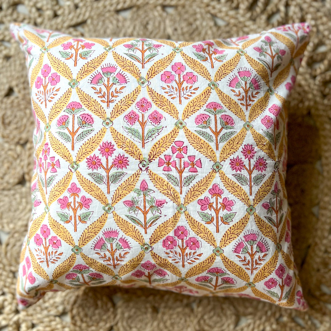 BLOCK PRINT CUSHION COVERS - YELLOW AND PINK FLORAL