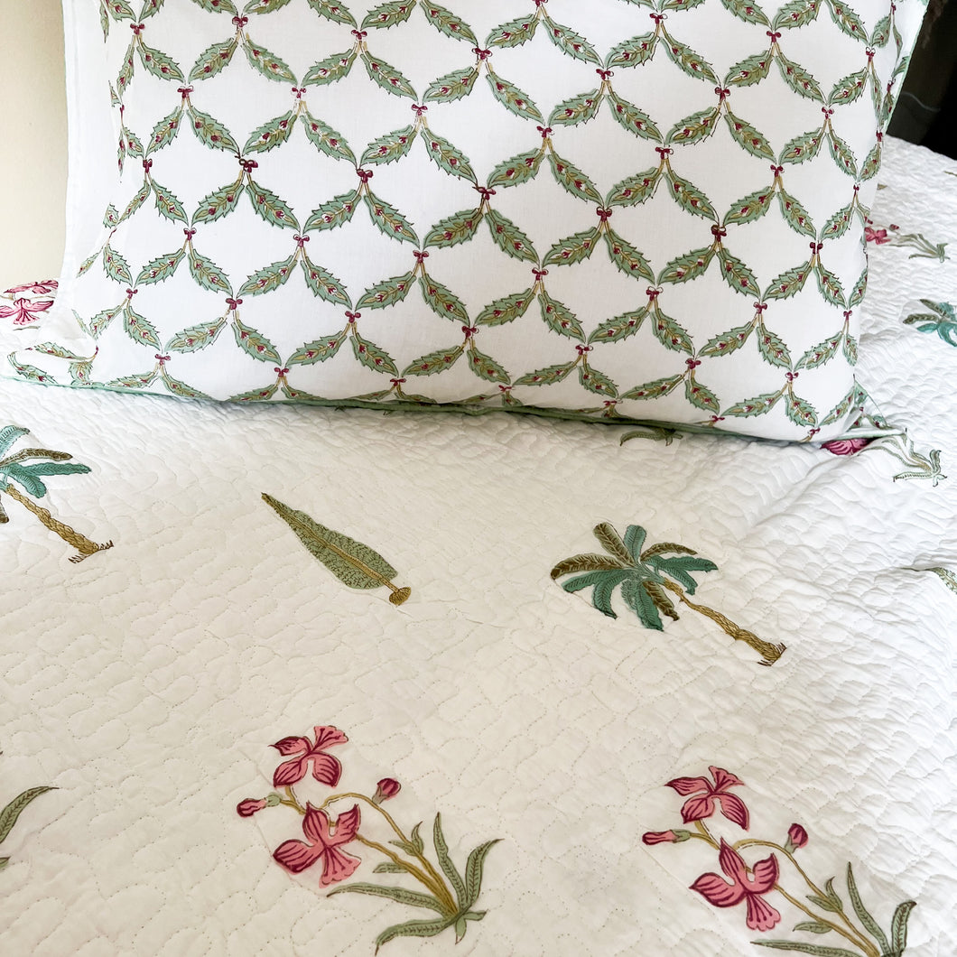 BLOCK PRINT QUILTED BEDCOVER - PALM, PINE AND FLORAL (SUMMER SPECIAL)