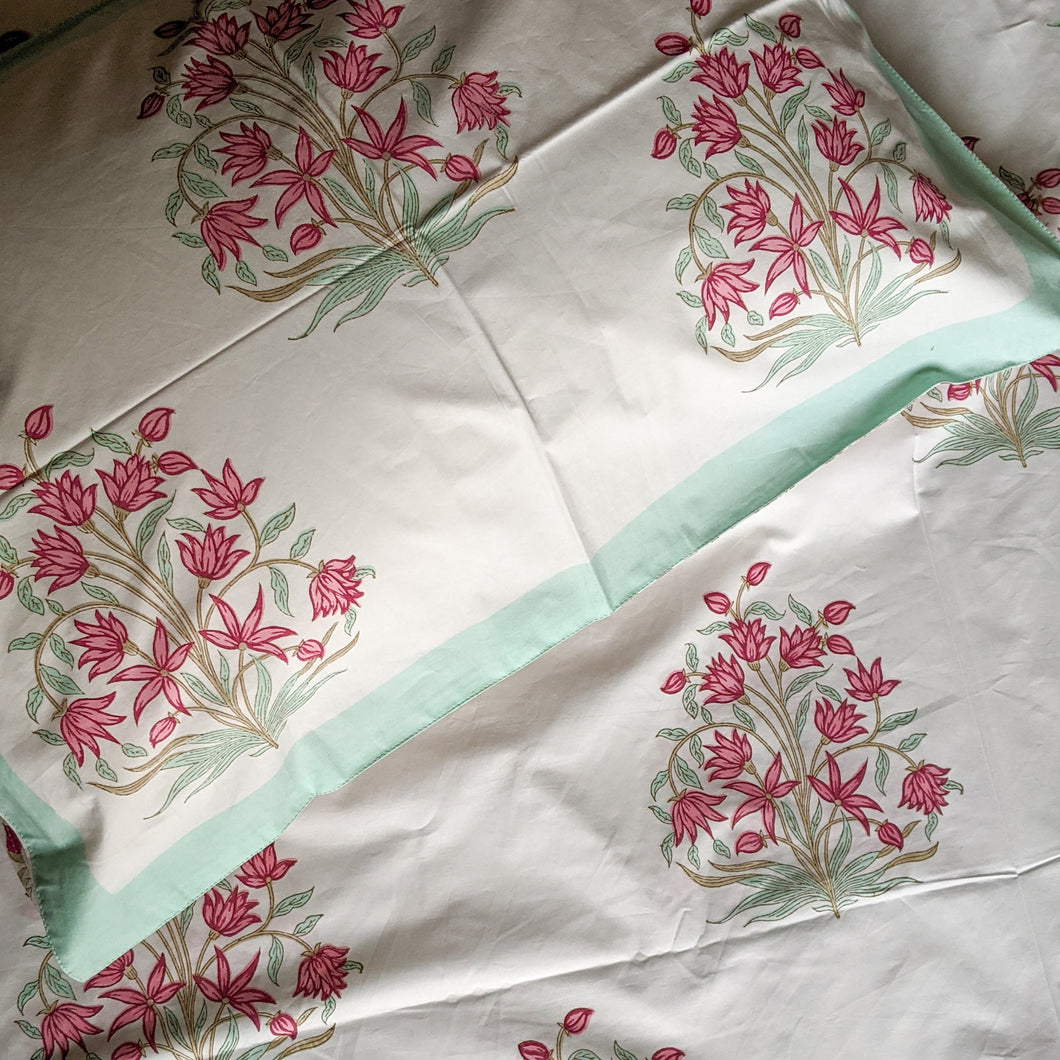 HAND BLOCK PRINT COTTON BEDSHEET SET - PINK FLORAL