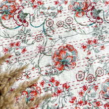 Load image into Gallery viewer, KANTHA BEDCOVER - WHITE RED FLORAL
