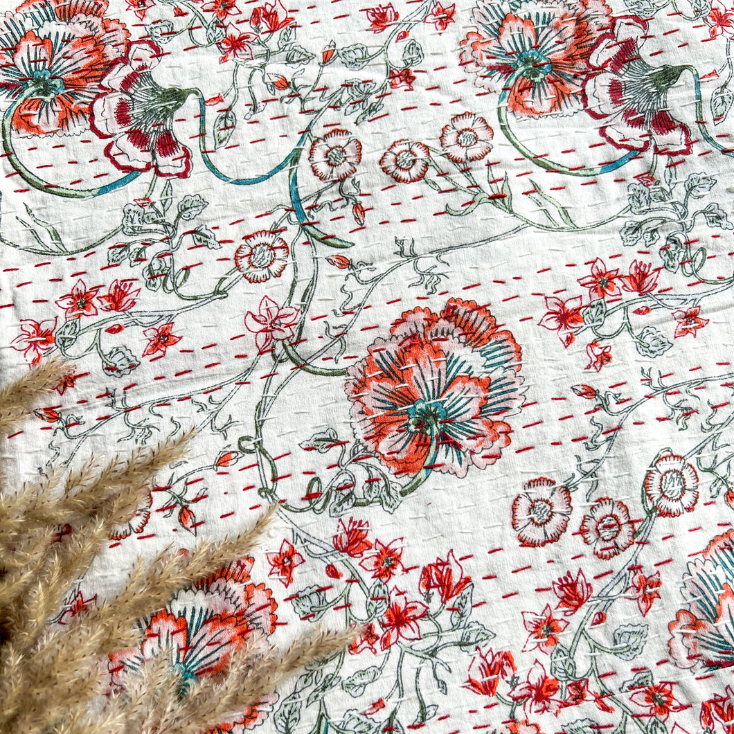 KANTHA BEDCOVER - WHITE RED FLORAL