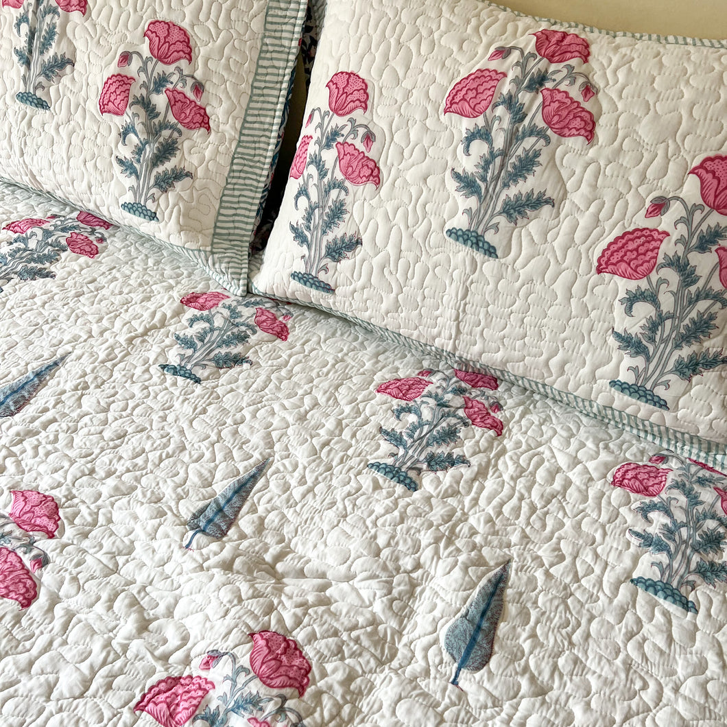 BLOCK PRINT QUILTED BEDCOVER - PINE AND FLORAL